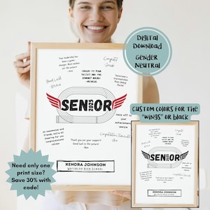 Op de afbeelding: Een afdrukbaar afstudeerschild met een zwart-wit ontwerp van atletiek. Het schild toont "Senior 2023" met rode vleugels. Het schild is aanpasbaar met verschillende kleuren voor de vleugels of zwart. Het schild bevat ook ruimte voor een naam en een schoolnaam. De tekst "Heeft u maar één afdrukformaat nodig? Bespaar 30% met code!" staat onderaan het schild.