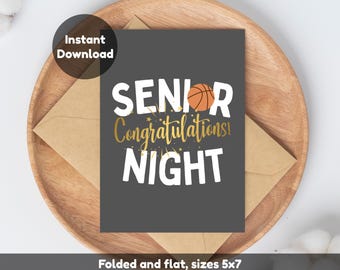 Utskrivbart basketkort för seniorkvällen, gratulationskort för sport, vikbart eller platt, direktnedladdningsbart presentkort för seniorkvällen, storlekar 5x7 och 4x6