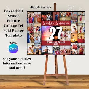 May include: A basketball senior picture collage tri-fold poster template. The poster is 48 inches by 36 inches and features a red and black color scheme. The poster includes a basketball player's name, number, and team name. The poster is designed to be personalized with photos and text.