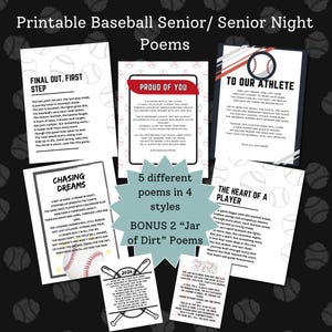 Wydrukowane wiersze na prezent na wieczór absolwentów baseballu, listy od mamy, taty i rodziców na wieczór absolwentów, wiersze o słoiku z ziemią, bankiet kończący sezon, ukończenie szkoły