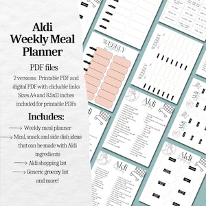 Pode incluir: Um planificador de refeições semanal Aldi imprimível com listas de compras e ideias de refeições. O planificador inclui duas versões: um PDF imprimível e um PDF digital com links clicáveis. O planificador está disponível em dois tamanhos: A4 e 8,5 x 11 polegadas.