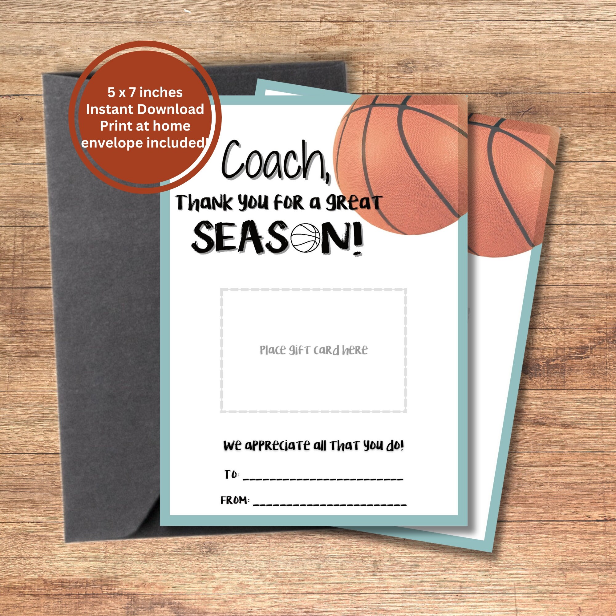 Printable Basketball Coach Thank You Card Gift Card Holder, Printable ...