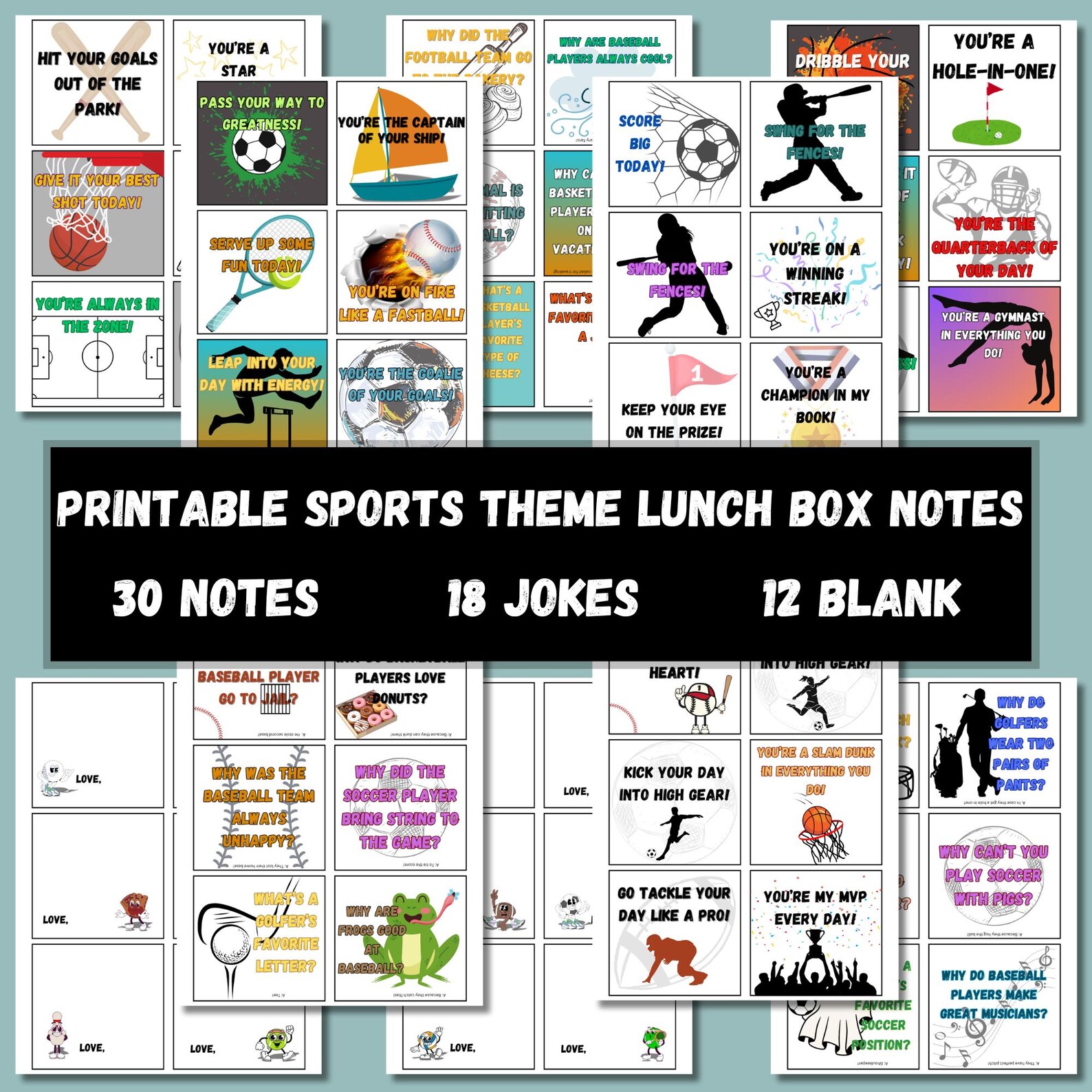 Printable Sports Theme Lunch Box Notes for Kids: Jokes & Affirmations ...
