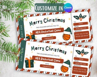 Druckbare Weihnachtsgeschenkgutschein Vorlage Basketball Game Ticket, Santa Geschenkgutschein, Canva Vorlage, Weihnachtskarte bearbeitbar, sofort