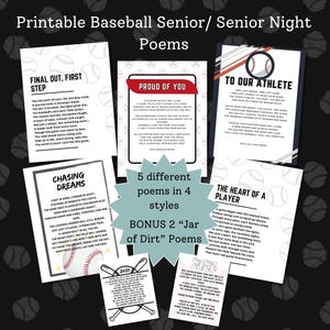Druckbare Baseball Senior Night Geschenk Gedichte, Senior Night Briefe von Mama Papa Eltern, Jar of Dirt Poems, Bankett zum Saisonende, Abschlussfeier