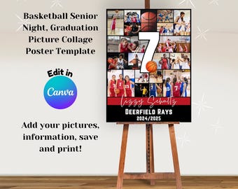 Plantilla de lienzo para póster de collage de fotos con números de jugadores de baloncesto, noche de los mayores, regalo de graduación, collage de imágenes, regalo de baloncesto de fin de temporada