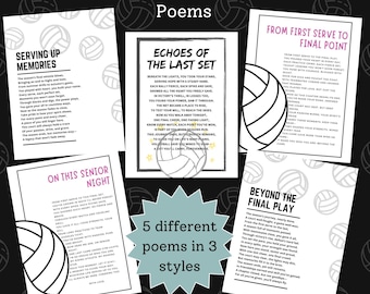 Puede incluir: Cinco poemas imprimibles para una noche de despedida de voleibol para seniors. Los poemas están en tres estilos diferentes y presentan un gráfico de voleibol. Los poemas se titulan "Serving Up Memories", "Echoes of the Last Set", "On This Senior Night", "From First Serve to Final Point" y "Beyond the Final Play".