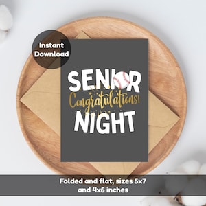 May include: A dark gray card with the words "SENIOR Congratulations! NIGHT" in white and gold lettering, featuring a baseball graphic. The card is on a wooden tray with a brown envelope. The card is available in 5x7 and 4x6 inch sizes.