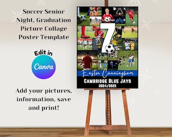 Voetballer nummer fotocollage poster canvas sjabloon, poster seniorenavond, afstudeercadeau, fotocollage, voetbalcadeau einde seizoen