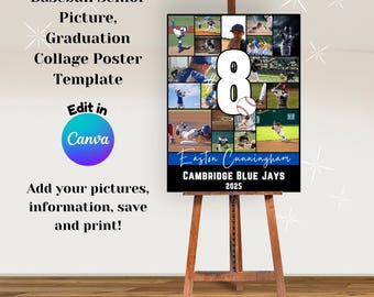 May include: A black and white collage poster template for a baseball senior picture. The poster features a baseball player's number "8" with a baseball in the center. The poster also includes a blue banner with the text "Easton Cunningham, CAMBRIDGE BLUE JAYS, 2025".