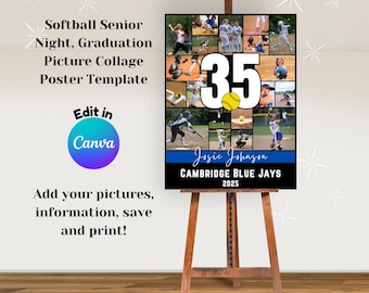 Softball Player Number Photo Collage Poster Canva Template, Senior night, graduation gift, picture collage, end of season softball gift