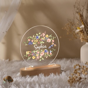 Custom Name Acrylic Floral Night Light, Personalized Flower Night Lamp with Baby Name, Baby Girl Gift, 1st Birthday Gift, Nursery Decor