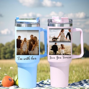 Benutzerdefinierter 40-Unzen-Becher mit Fotos, personalisierter Bild-Tavel-Becher mit Griff und Strohhalm, kundenspezifischer Paar-Foto-Collage-Becher, Geschenk für sie