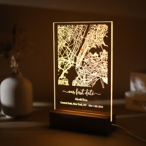 Luce notturna personalizzata con mappa del nostro primo appuntamento, targa acrilica con stampa mappa personalizzata, lampada notturna a LED con mappa di dove tutto è iniziato, regalo di nozze per lei