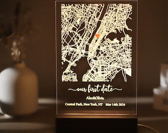 Custom First Date Map Acrylic Plaque, Personalized Where We Met Map Night Light, Custom Map Print Bedrrom Decor, Couples Gift for Him/Her