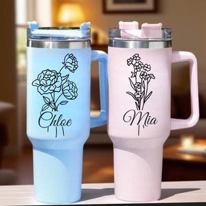 Personalized 40oz Birth Flower Tumbler With Name, Custom Bride Tumbler With lid And Straw, Custom Wedding Party Favor Mug, Bridesmaids Gift