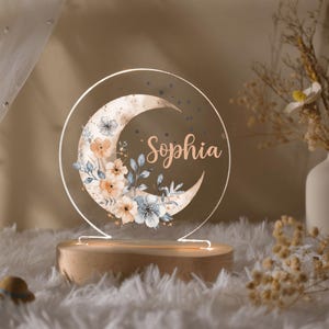 Personalized Name Night Light with Floral Moon, Custom Baby Girl Night Lamp, Nursery Light with Name, Gift for Toddler, Newborn Baby Gift