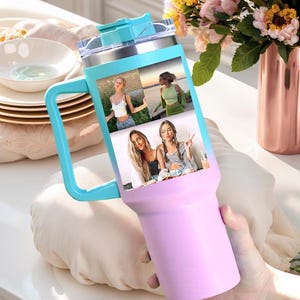 Kundenspezifischer 40-Unzen-Fotocollage-Becher mit Text, personalisierter Edelstahlbecher mit Griff und Strohhalm, kundenspezifisches Bildgeschenk für Freunde