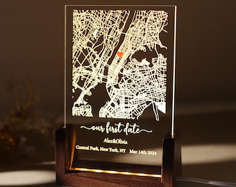 Personalized Our First Date Map Night Light, Custom Map Print Acrylic Plaque, Where It All Began Map LED Night Lamp, Unique Anniversary Gift