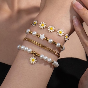 Handmade Gold Beaded Bracelet Set/Classic Women&#39;s Bracelets/Gold Stretch Beaded Bracelets/Beaded Gold Bracelet Gift/Layering Bracelet Femme