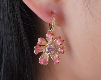 Vintage Enamel Diamond Flower Earrings/Charm Gift for Her/French Retro Hand-painted Earrings/Elegant Jewelry for Bridesmaid/Wedding Jewelry