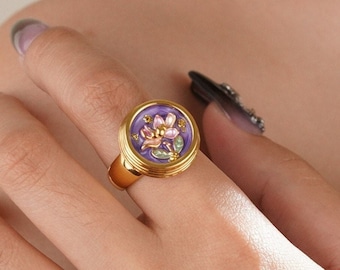 Gold Floral Enamel Ring/Adjustable Ring/Birthday Gift/Purple Enamel Flower 18K Gold Plated Ring/Dainty Handmade Jewelry for Her/Floral Ring