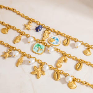 Handmade Enamel Shell Charm Bracelet: Baroque Pearl Beach Jewelry