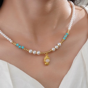 Elegant Turquoise & Pearl Necklace/Handmade Summer Jewelry Gift/Turquoise Choker with Pearls/Beaded Necklace/Boho Chic Jewelry/Gift for Her