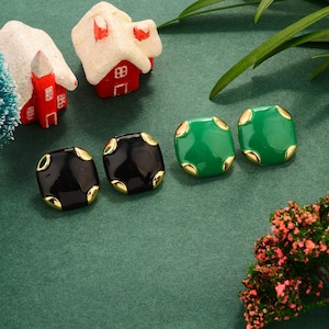 Black Green Enamel Square Earring/Handcrafted Enamel Earring/Holiday Jewelry/Handmade Jewelry/Christmas Earring/Christmas Gift/Gift for Her