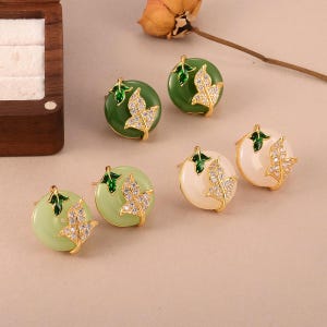 Nephrite Jade Earrings/Emerald Green Gemstone Jewelry/Diamond White Jade Leaf Earring/Natural Stone Jewelry/Unique Anniversary Gift for Wife