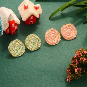Green & Pink Spiral Earrings/Minimalist Silver Swirl Stud/Geometric Coil Earring/Christmas Spiral Circle Jewelry/Christmas Gift/Gift for her