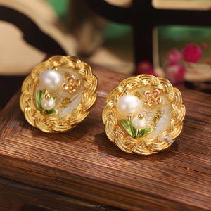 Baroque Floral Pearl Earrings/Oil Painting Flower Earrings/Handmade Pearl Jewelry/Flower Earrings/Pearl Jewelry/Gift for Her/Christmas Gift