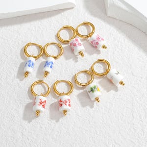 Floral Porcelain Huggie Earrings/Colorful Ceramic Gold Hoop Earrings/Handmade Floral Porcelain Hoops in Blue, Pink, Red, White/Gift for Her