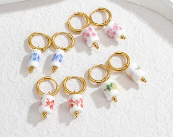 Floral Porcelain Huggie Earrings/Colorful Ceramic Gold Hoop Earrings/Handmade Floral Porcelain Hoops in Blue, Pink, Red, White/Gift for Her