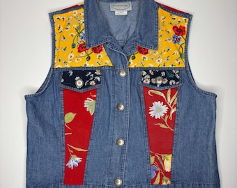 Vintage 90s Y2K vest patchwork floral multicolored denim with Concho buttons size large