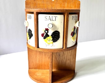 Wood Spice Rack Hen vintage 1950s Japan round ceramic rooster drawers Country