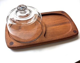 Teak Cheese Dome w/ Glass Cloche Genuine Teakwood Wood Charcuterie Board