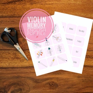 May include: A printable PDF file for a violin memory game. The game includes images of different parts of a violin and their corresponding names. The words include: bridge, tail piece, fingerboard, fine tuners, nut, and scroll.