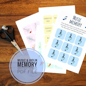 May include: A printable set of cards for a music memory game. The cards feature a treble clef symbol on a blue background. The instructions for the game are printed on the card. The text reads "Print double sided, cut out the cards and laminate if you wish. Find the pairs where the description matches the picture."