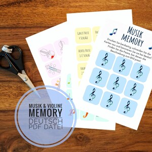 May include: A printable memory game for kids featuring images of musical instruments and notes. The game is in German and includes instructions to print and cut out the cards.