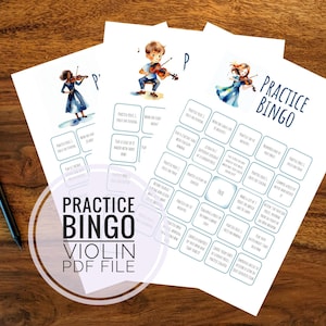 Puede incluir: Tres tarjetas de bingo imprimibles para estudiantes de violín. Las tarjetas presentan ilustraciones de niños tocando el violín y tienen casillas con diferentes actividades de práctica.