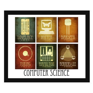 Puede incluir: Un póster de estilo vintage con un collage de seis cuadrados coloridos, cada uno con un icono y un nombre diferentes que representan una figura clave en la historia de la informática. El póster tiene el título "COMPUTER SCIENCE" en la parte inferior.