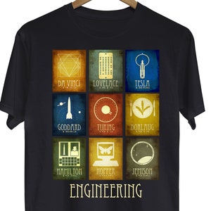 May include: Black t-shirt with a graphic of nine squares, each featuring a different icon and name of a notable engineer. The squares are arranged in a 3x3 grid. The text "ENGINEERING" is printed below the grid.