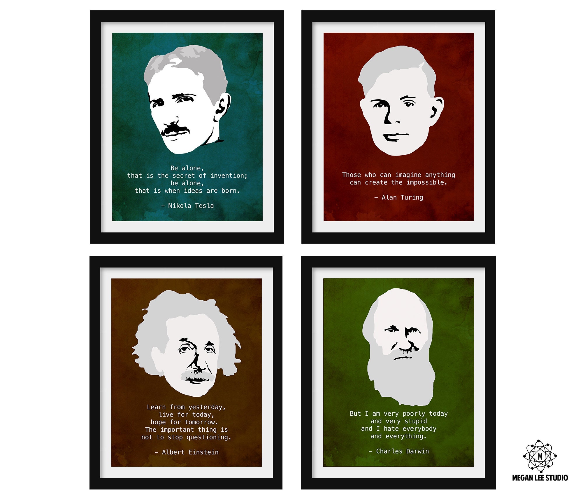 ニコラ・テスラの名言プリント、ミニマリストの肖像画アート、内向的な