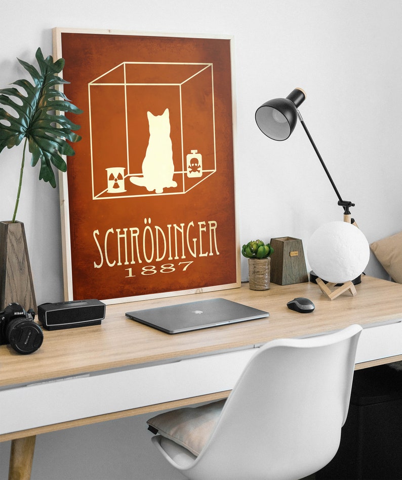 Op de afbeelding: Een bruine poster met een witte kat in een doos. De kat is met de rug naar de kijker gekeerd. De doos bevat een blikje straling en een fles met een schedel en gekruiste beenderen. De poster heeft de tekst "SCHR&Ouml;DINGER 1887" in wit.