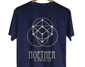 May include: A navy blue t-shirt with a geometric design in white. The design features a cube with circles around it. The text "NOETHER 1882" is printed below the design.