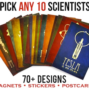 Custom Science Stickers Pack or Choose Magnets or Postcards,  10 Scientific Illustrations from over 70 Scientists in History