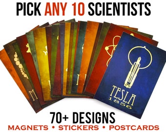 Custom Science Stickers Pack or Choose Magnets or Postcards,  10 Scientific Illustrations from over 70 Scientists in History