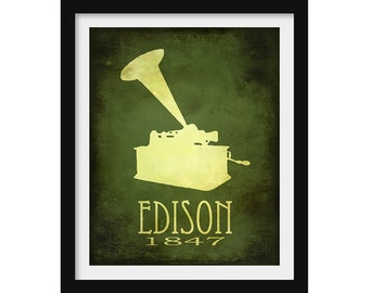 Thomas Edison Inventor Print, Kid's Inspirational Decor, Vintage Phonograph Illustration, Educational  Science Poster