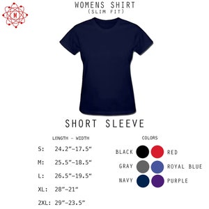 May include: A size chart for a short-sleeved women's shirt with a slim fit. The chart shows the length and width measurements for sizes S, M, L, XL, and 2XL. The available colors are black, red, gray, royal blue, navy, and purple.